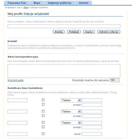 Panel administracyjny wizytówki w serwisie Panoramy Firm